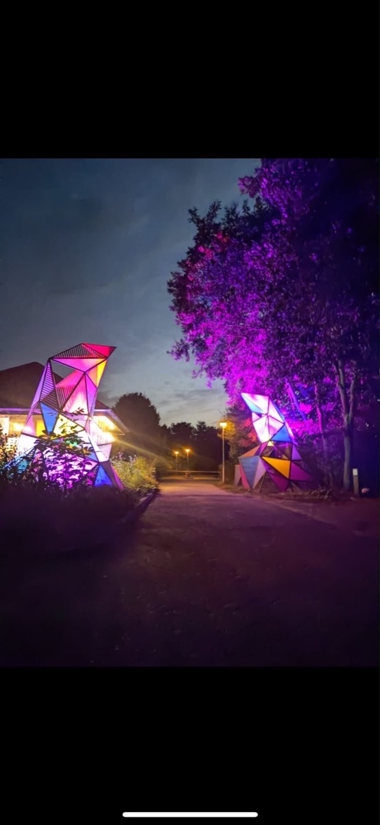 Geometrische lichtsculpturen in felle kleuren langs een pad in de schemering